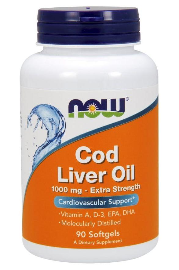 NOW Foods Cod Liver Oil supplement bottle, 1000 mg, offering vitamin A, D-3, EPA, DHA for cardiovascular support.