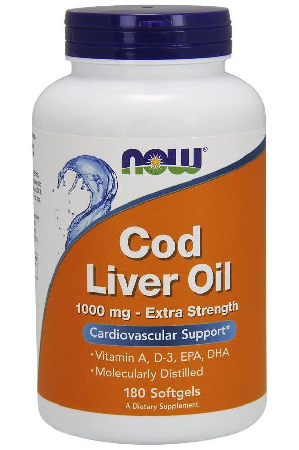 NOW Foods Cod Liver Oil supplement bottle, 1000 mg, with omega-3 fatty acids, vitamin A and D, 180 softgels.