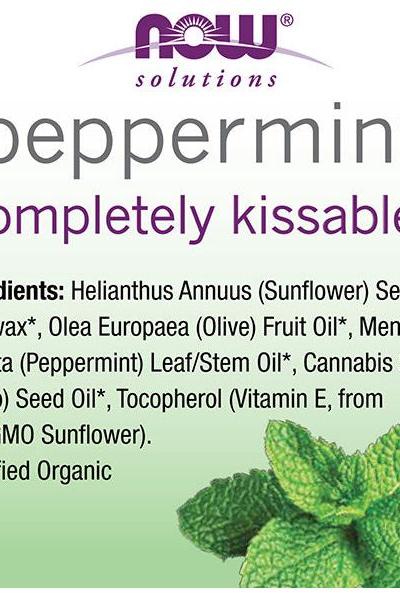 Now Foods peppermint lip balm ingredients list, featuring moisturizing sunflower oil and vitamin E.