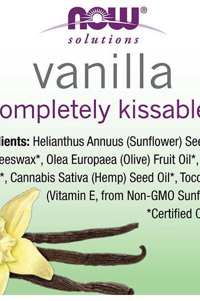 Now Foods vanilla lip balm ingredient list, moisturizing formula with sunflower oil, beeswax, olive oil, and vitamin E.