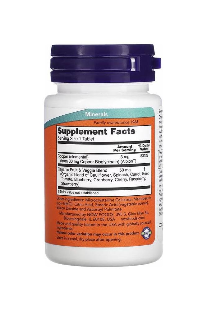 Now Foods Copper Glycinate 3 mg dietary supplement bottle displaying supplement facts and organic ingredients.