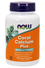 NOW Foods Coral Calcium Plus supplement bottle for bone health with magnesium and vitamin D, 100 vegetarian capsules