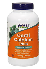 NOW Foods Coral Calcium Plus supplement bottle, supports bone health with magnesium and vitamin D, 250 veg capsules.