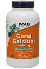 NOW Foods Coral Calcium supplement bottle, 1000 mg, 250 veg capsules for bone health and pH balance.