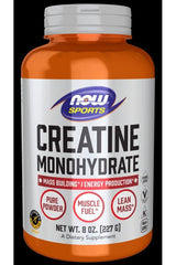 NOW Foods Creatine Monohydrate supplement bottle for muscle strength and endurance, 8 oz, pure powder.