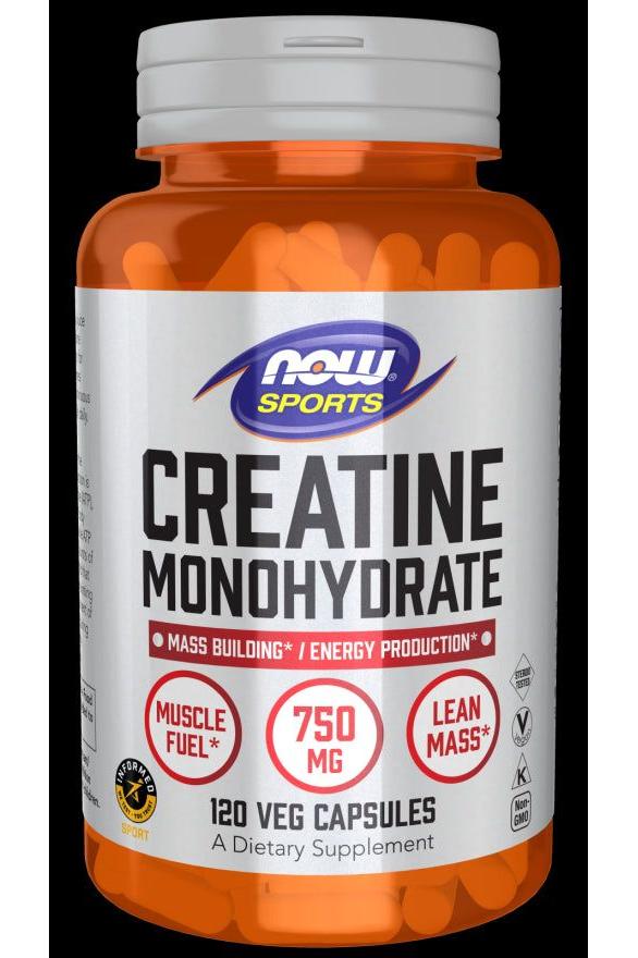 NOW Foods Creatine Monohydrate bottle with 750 mg, 120 veg capsules for muscle strength and endurance.