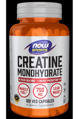 NOW Foods Creatine Monohydrate bottle with 750 mg, 120 veg capsules for muscle strength and endurance.