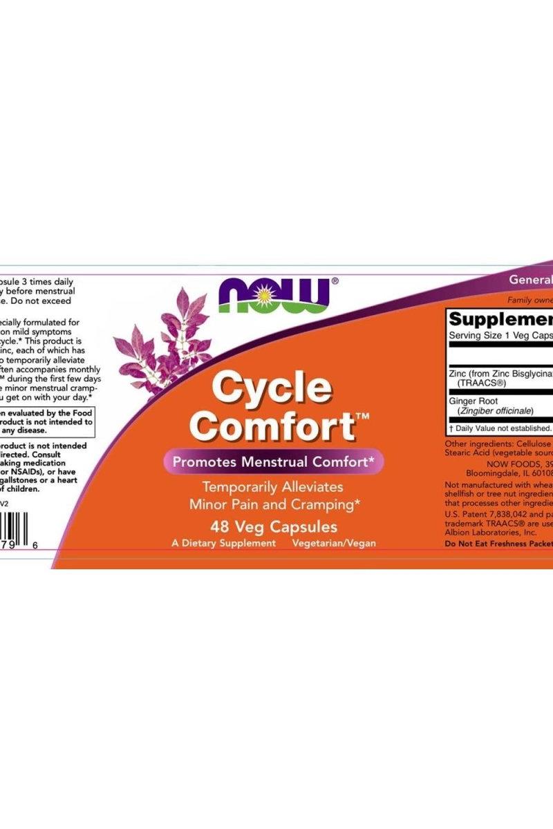 Now Foods Cycle Comfort™ 48 Veg Capsules label promoting menstrual comfort and alleviating minor pain and cramping.
