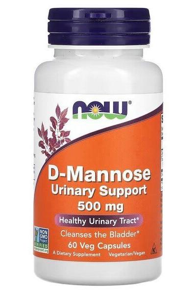 NOW Foods D-Mannose 500 mg supplement bottle for urinary support and bladder health.