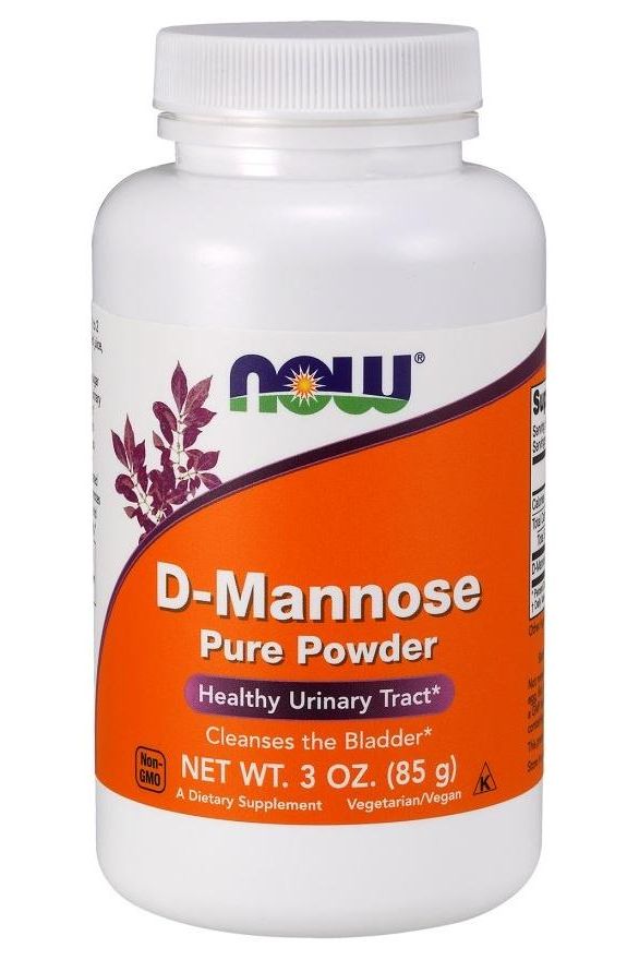 NOW Foods D-Mannose powder bottle, promotes healthy urinary tract and cleanses the bladder, vegan dietary supplement.
