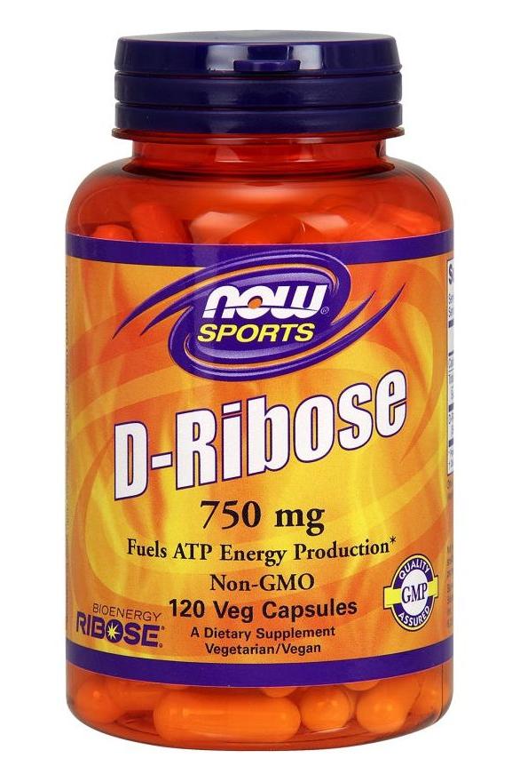 NOW Foods D-Ribose 750 mg dietary supplement for energy production in 120 vegetarian capsules.