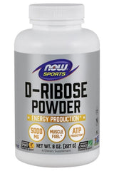 NOW Foods D-Ribose Powder supplement bottle, 5000 mg, promotes energy production and muscle fuel.