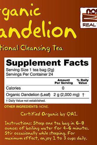 Organic Dandelion Tea supplement facts, showing serving size, calories, and instructions for brewing.
