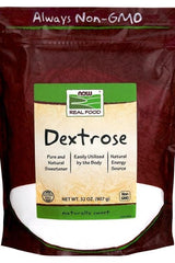 NOW Foods Dextrose 907g package, natural sweetener, non-GMO, easy energy source for active individuals.