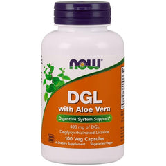 NOW Foods DGL with Aloe Vera, 400 mg, 100 vegetarian capsules for digestive support.