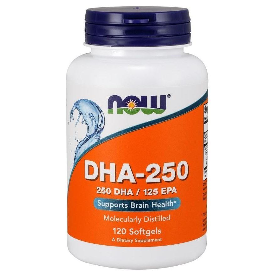 NOW Foods DHA-250, 250 DHA 125 EPA, 120 softgels for brain health support, dietary supplement, molecularly distilled.