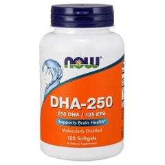 NOW Foods DHA-250, 250 DHA 125 EPA, 120 softgels for brain health support, dietary supplement, molecularly distilled.