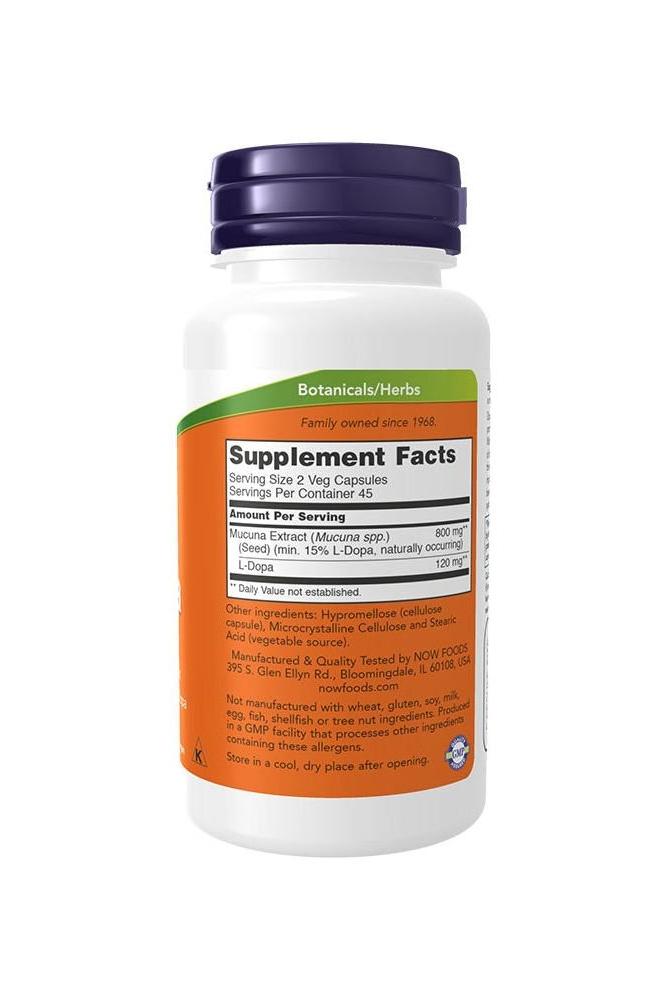 Now Foods DOPA Mucuna veg capsules bottle showing supplement facts, 15% L-Dopa content and serving details.