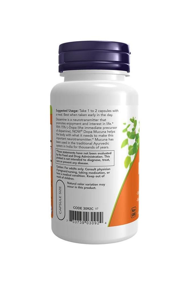 Back view of Now Foods DOPA Mucuna Veg Capsules bottle with usage instructions and ingredients.