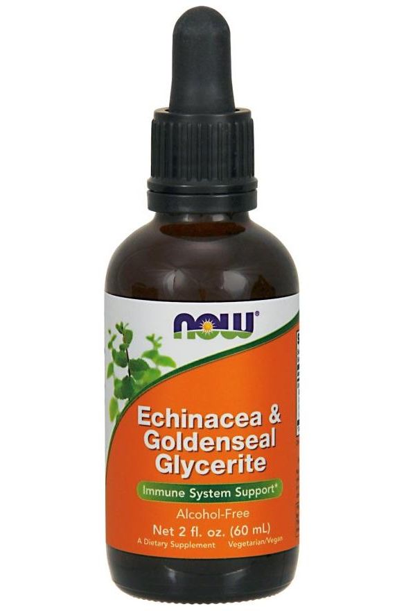 NOW Foods Echinacea & Goldenseal Glycerite 60 ml, alcohol-free liquid herbal extract for immune support.