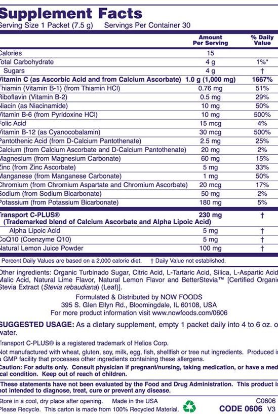 Supplement Facts for Now Foods EFFER-C™ with Vitamin C, electrolytes, and minerals, showing nutrients per serving.