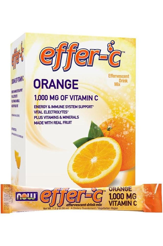 Now Foods EFFER-C 30/Box, Orange effervescent drink mix with 1000 mg Vitamin C for energy and immune support.
