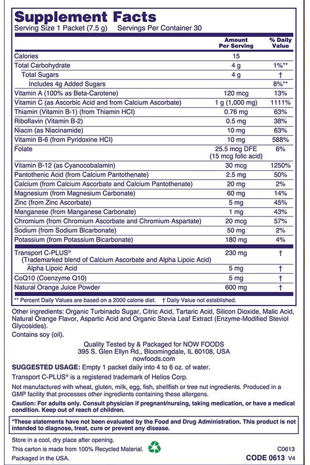 Nutrition facts for Now Foods EFFER-C™ supplement highlighting vitamins and minerals per serving.
