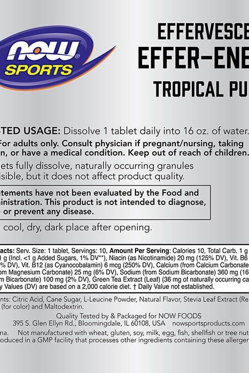 Now Foods Effer-Energy effervescent tablets label, Tropical Punch flavor, electrolytes for energy and recovery.