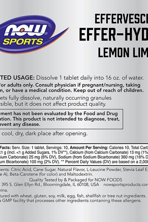Now Foods Effer-Hydrate Effervescent Lemon Lime product label with usage instructions and nutritional information.