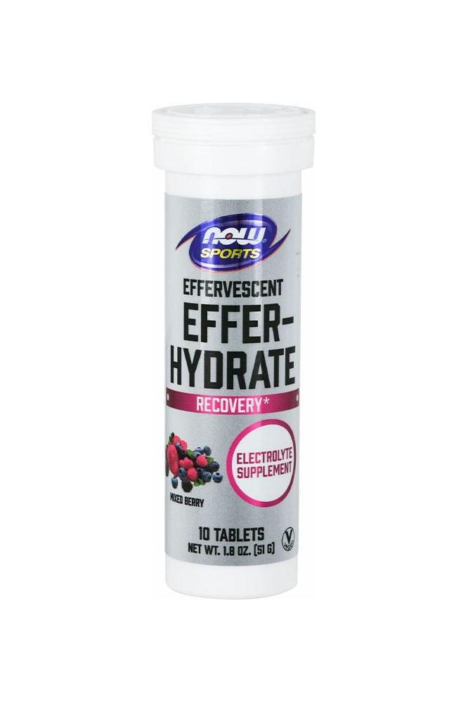 Now Foods Effer-Hydrate Effervescent electrolyte supplement for recovery, 10 tablets in a tube, mixed berry flavor.