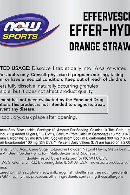 Now Foods Effer-Hydrate Effervescent supplement label in orange, detailing usage and ingredients for hydration and recovery.