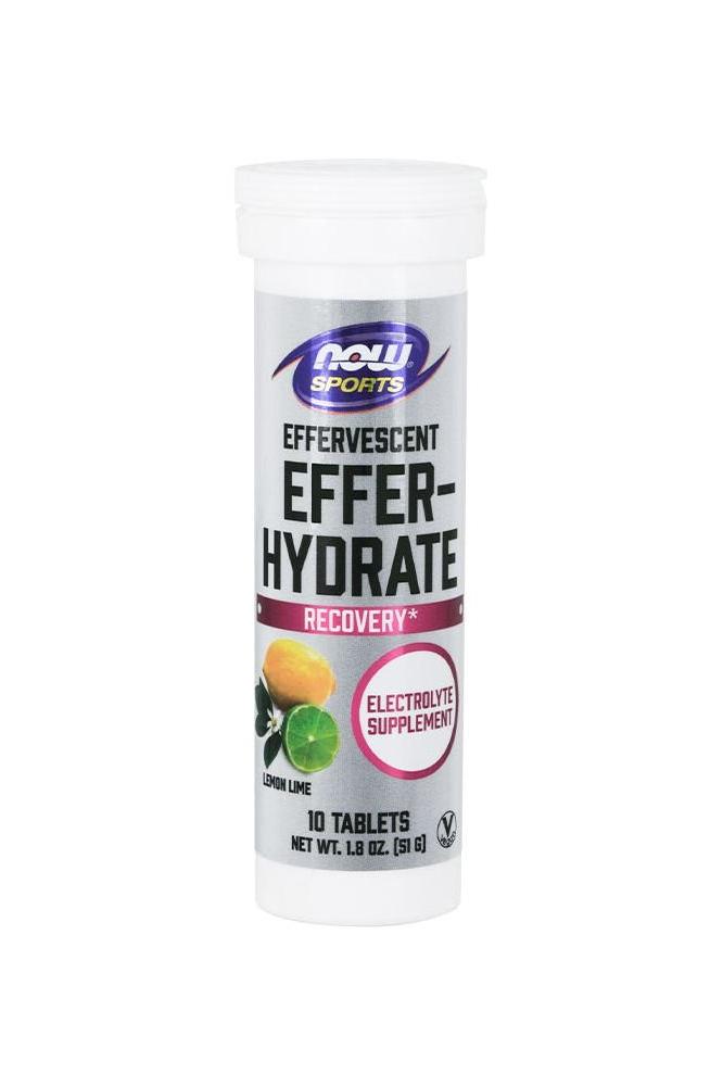 Now Foods Effer-Hydrate effervescent electrolyte supplement for hydration recovery in lemon lime flavor.