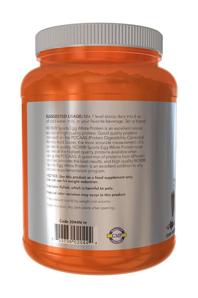 NOW Sports Egg White Protein container with usage instructions, creamy chocolate flavor, 680 g.