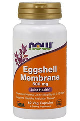 NOW Foods Eggshell Membrane 500mg supplement bottle, promotes joint health with 60 vegetarian capsules.