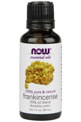 NOW Foods Frankincense Essential Oil 20% Blend, 30 ml bottle for relaxation and focus.