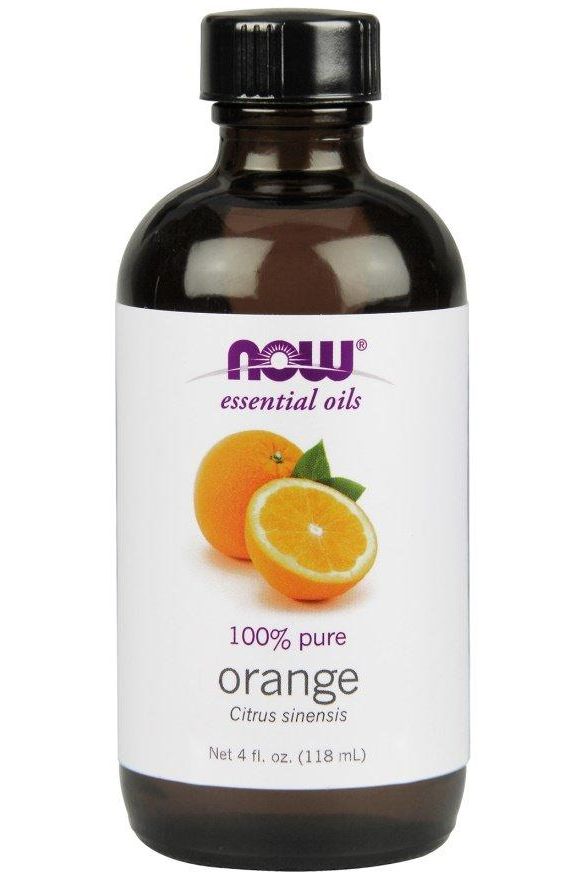 NOW Foods 100% pure orange essential oil, 118 ml bottle showcasing refreshing citrus aroma.