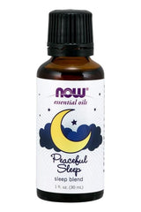 NOW Foods Peaceful Sleep essential oil blend bottle for a restful night's sleep, 30 ml.