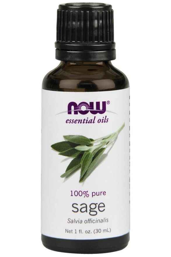 NOW Foods 100% pure sage essential oil, 30 ml bottle with sage leaves design.