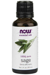 NOW Foods 100% pure sage essential oil, 30 ml bottle with sage leaves design.