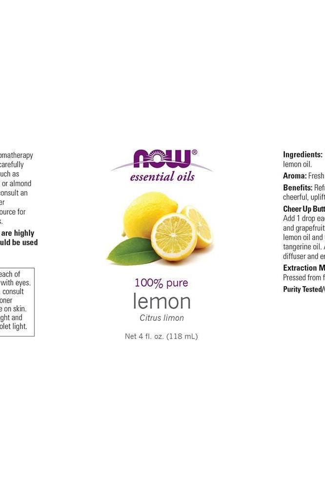 Now Foods Essential Oils Lemon Oil label, 100% pure Citrus limon, for refreshing aroma and uplifting benefits.