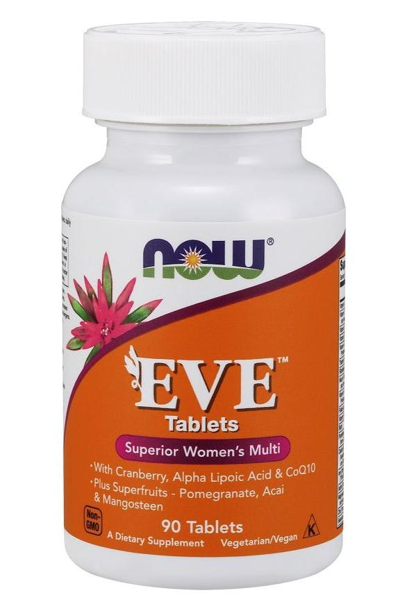 NOW Foods Eve Women's Multiple Vitamin bottle with 90 vegetarian tablets, featuring superfruits and antioxidants.