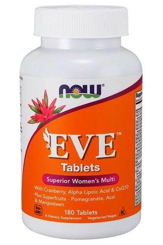 NOW Foods Eve Women's Multiple Vitamin, 180 tablets, designed for women's health with superfruits and antioxidants.