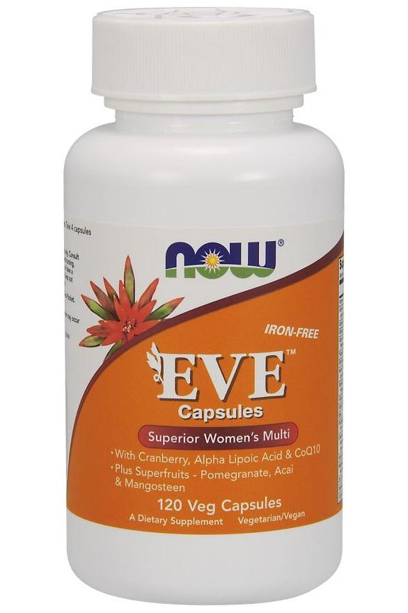 NOW Foods Eve Women's Multiple Vitamin capsules bottle with superfruits and iron-free formula