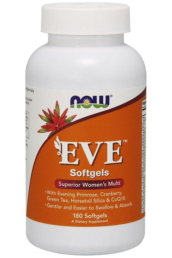NOW Foods Eve Women's Multiple Vitamin softgels bottle with evening primrose, cranberry, and green tea for women.