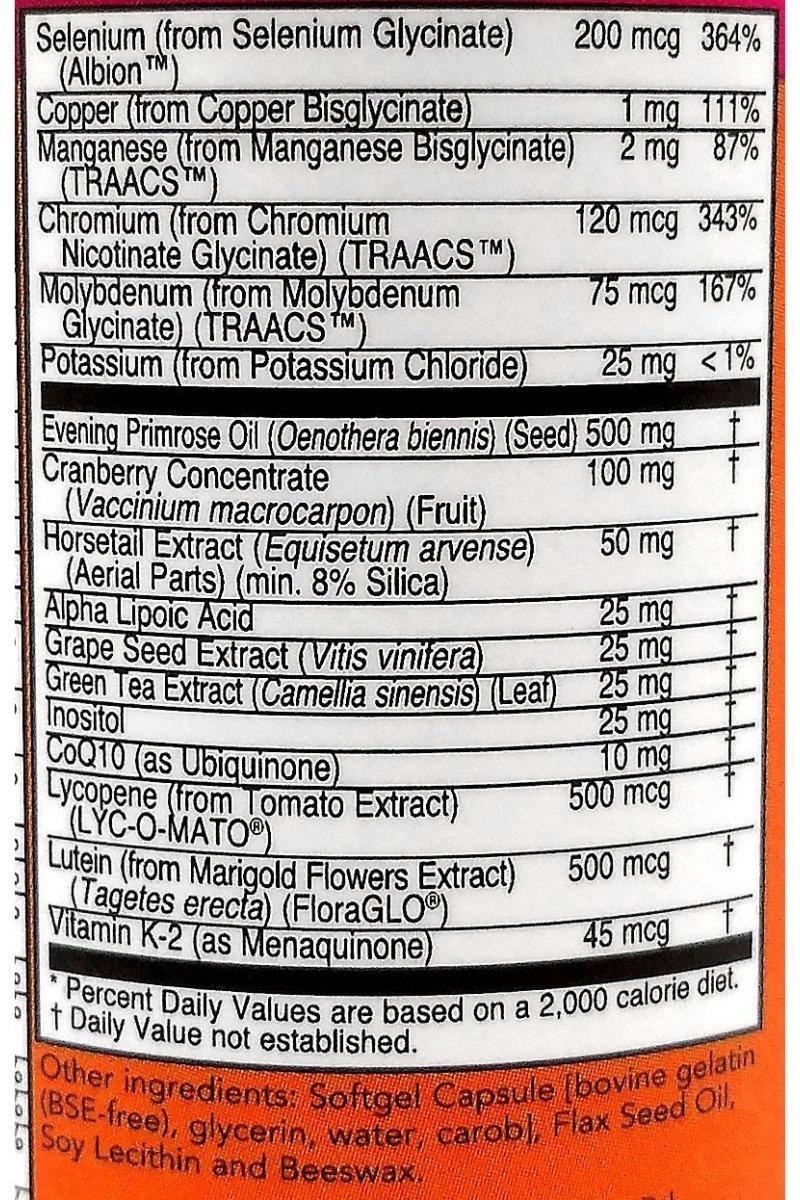 Ingredient label for Now Foods Eve Women's Multiple Vitamin including Evening Primrose and CoQ10.
