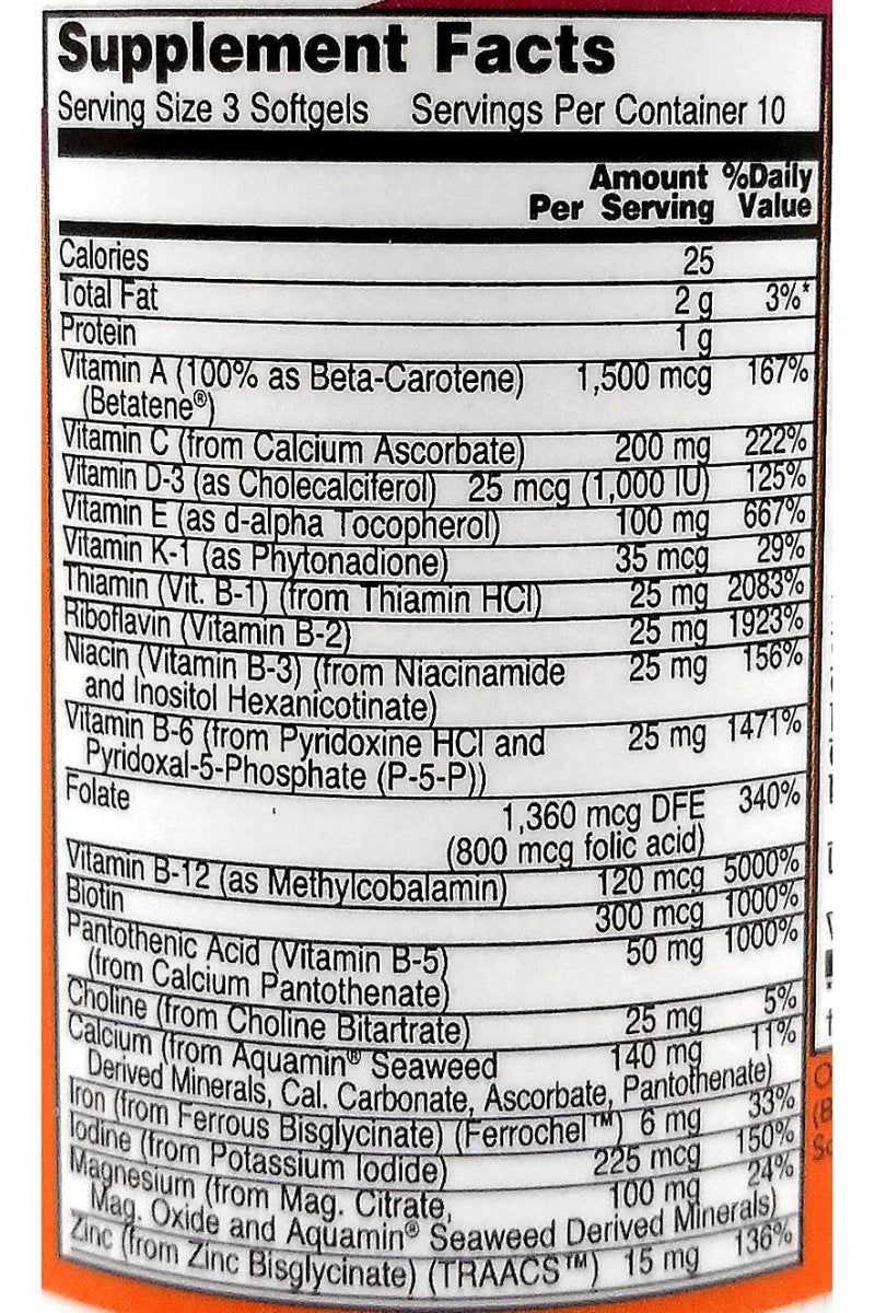 Supplement facts panel for Now Foods Eve Women's Multiple Vitamin detailing ingredients and nutritional information.