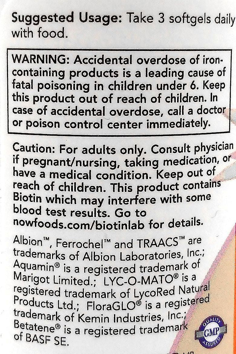 Label and usage instructions for Now Foods Eve Women's Multiple Vitamin softgels, highlighting safety and dosage warnings.