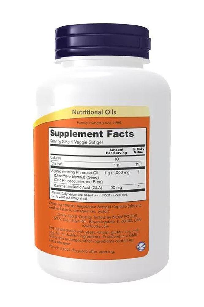 Now Foods Evening Primrose Oil 1000mg supplement facts label showcasing nutritional information on the container.
