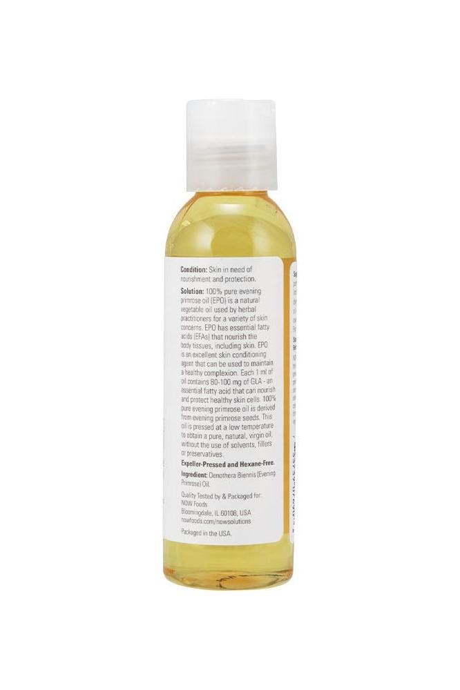 Now Foods Evening Primrose Oil 118 ml bottle with ingredient list and usage instructions.