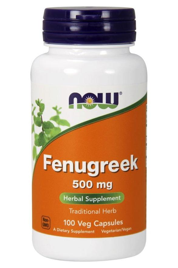 NOW Foods Fenugreek 500 mg herbal supplement in a white bottle with green and orange label.